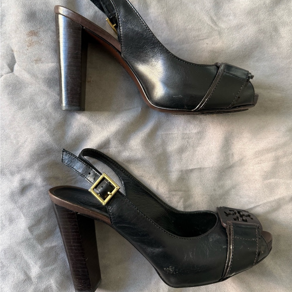 Tory Burch Black Leather Slingback Heels